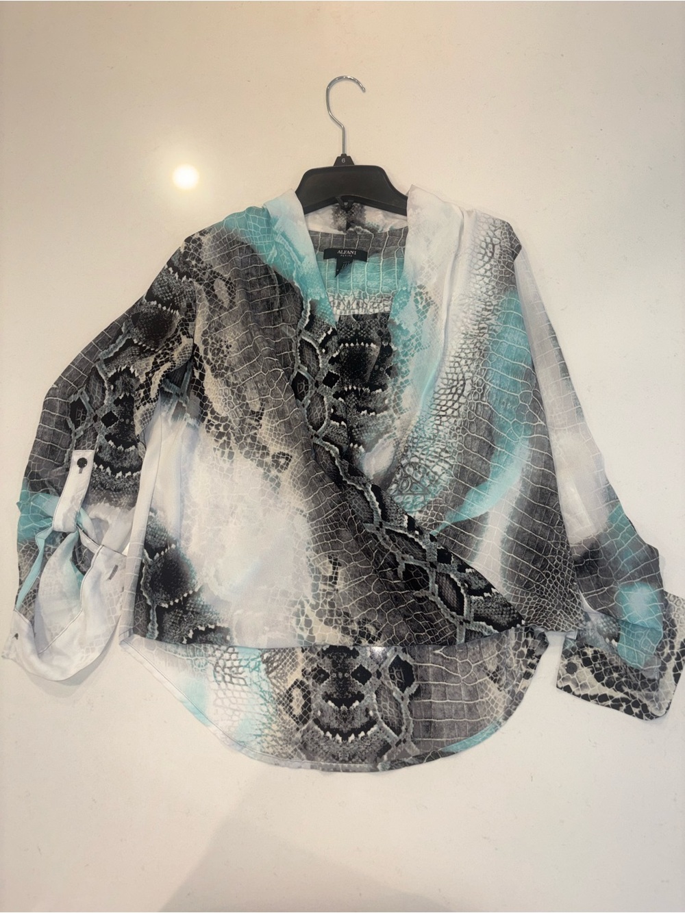 Alfani Women's Teal, Black & White Snake-Print Surplice Blouse
